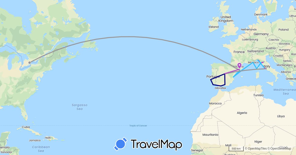 TravelMap itinerary: driving, plane, train, boat in Canada, Spain, France, Italy, Portugal (Europe, North America)